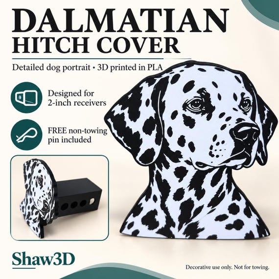 Dalmatian Hitch Cover for 2-Inch Receiver, Black and White Dog Portrait, Free Non-Towing Pin